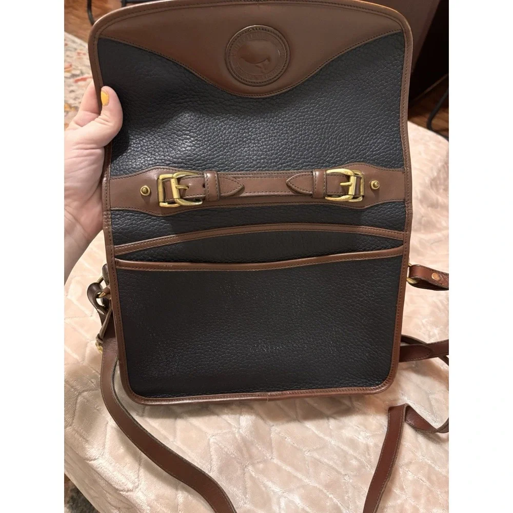 Vtg Dooney & Bourke AWL Navy Brwn Leather Satchel Crossbody Kiss Lock Wallet Set